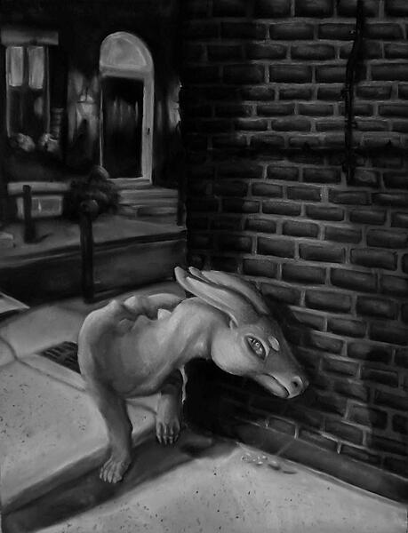 "Shavkeph in Center Philadelphia" (19"x25" Charcoal on Black Paper, 2024)